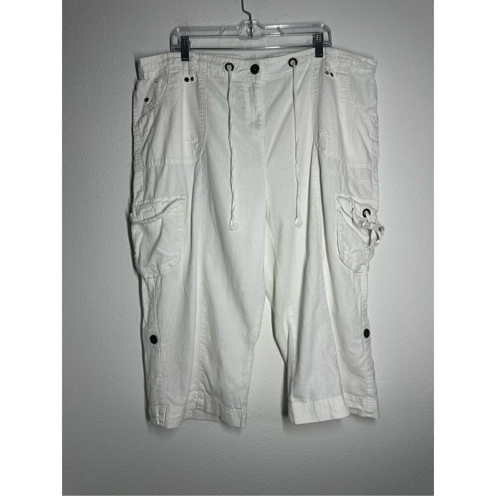 True  Lagenlook WHITE CARGO BERMUDA Capri Pants SHORTS LINEN BLEND SIZE 24